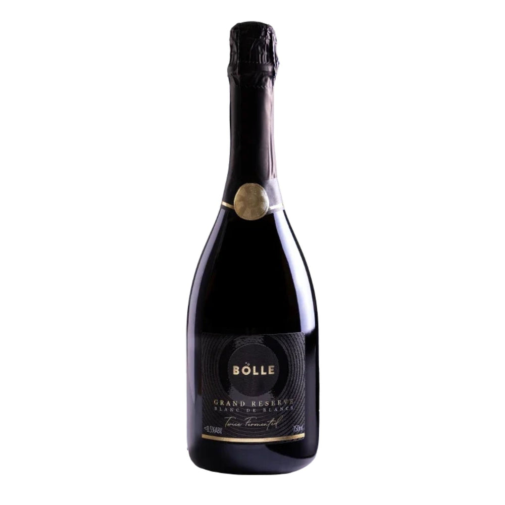 A bottle of Bölle Grand Reserve sparkling wine, featuring a dark glass bottle with a gold seal and gold lettering on the label, set against a plain white background.