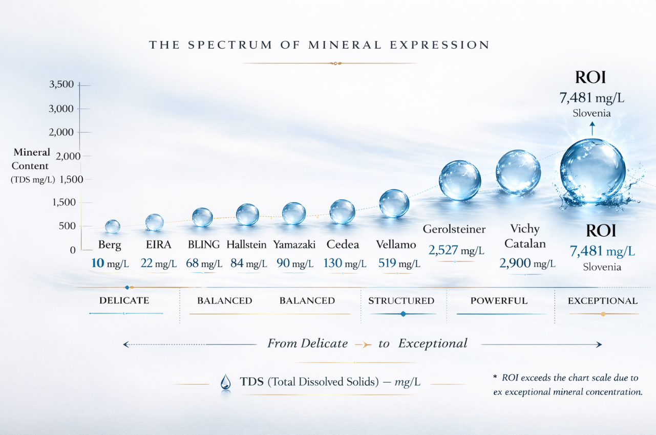 Spectrum of mineral expression with water droplets and brand names on a light blue background. Available at Rienne.