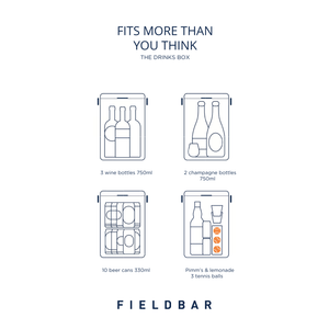 Illustrations of drinks containers with text indicating capacity and contents, branded 'Field Bar'.