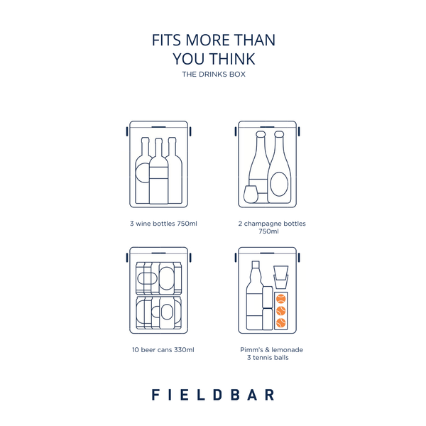 Illustrations of drinks containers with text indicating capacity and contents, branded 'Field Bar'.
