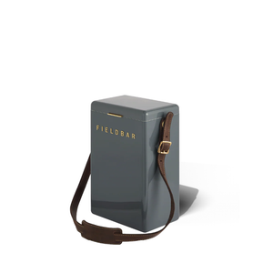 Gray Drinks Box with brown strap and 'FIELDBAR' branding on a white background