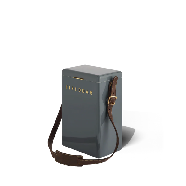 Gray Drinks Box with brown strap and 'FIELDBAR' branding on a white background
