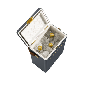 Blue cooler box with open lid showing ice and bottles on a white background