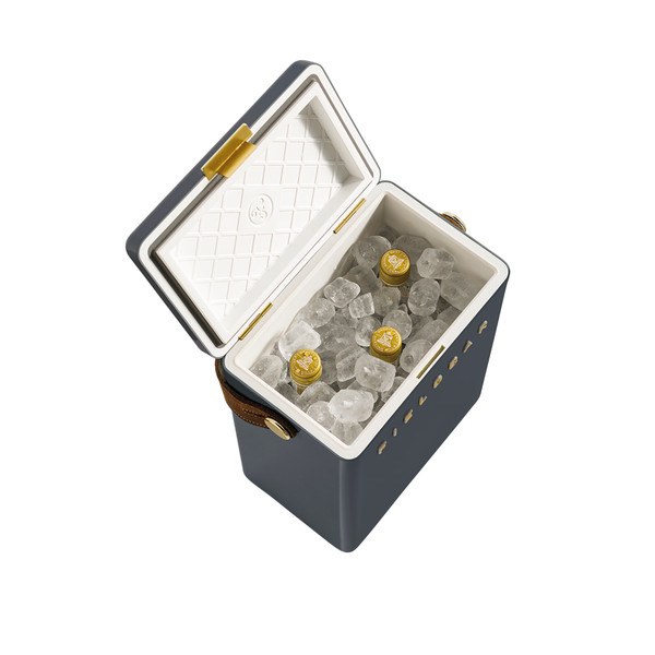 Blue cooler box with open lid showing ice and bottles on a white background