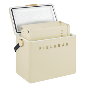 Beige cooler box with 'Fieldbar' branding on a white background