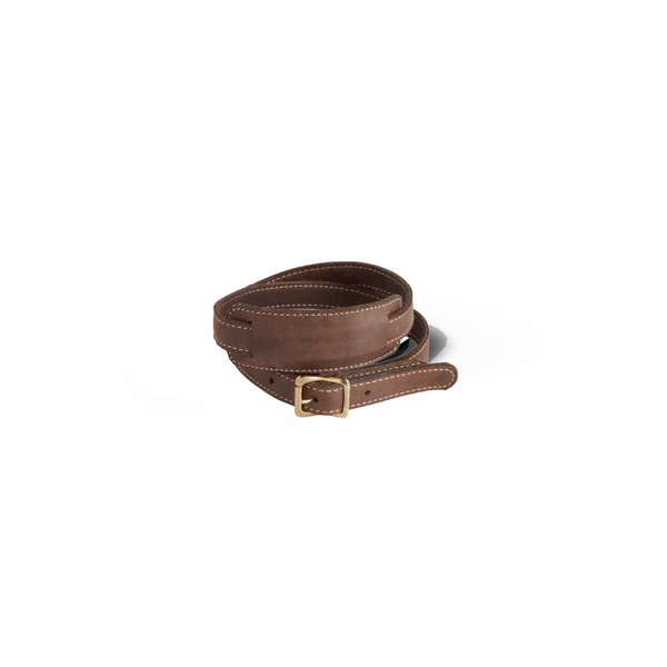 Brown leather belt with a gold buckle on a white background