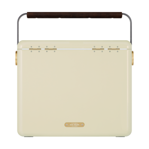 Cream-colored cooler with a wooden handle on a white background