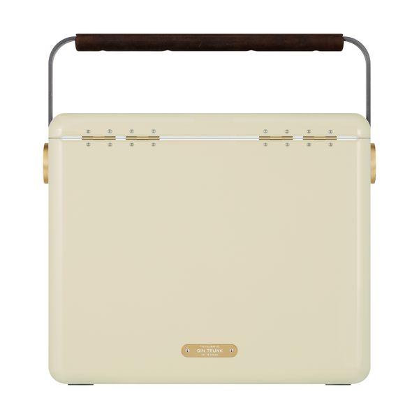 Cream-colored cooler with a wooden handle on a white background