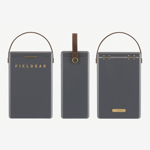 Three views of oyster gray drinks box with handles and 'FIELDBAR' branding on a white background