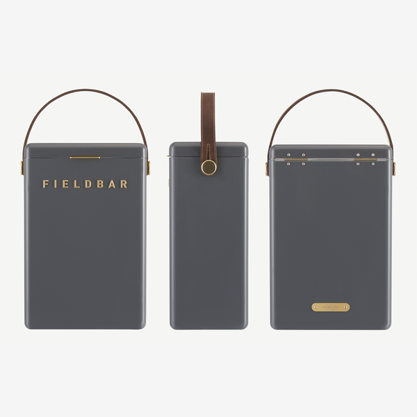 Three views of oyster gray drinks box with handles and 'FIELDBAR' branding on a white background