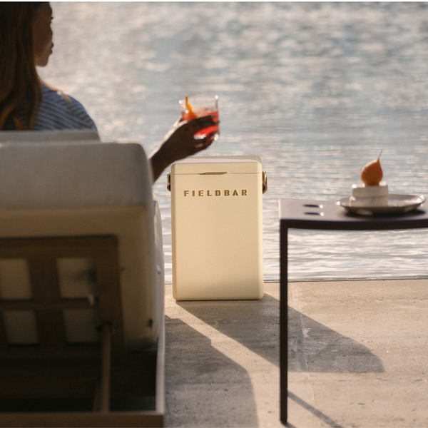 Person sitting by a waterfront with a Fieldbar cooler and a glass of red wine.