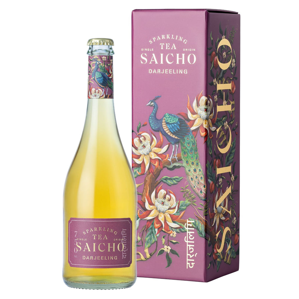 Bottle of Darjeeling Saicho sparkling tea with decorative packaging on a white background