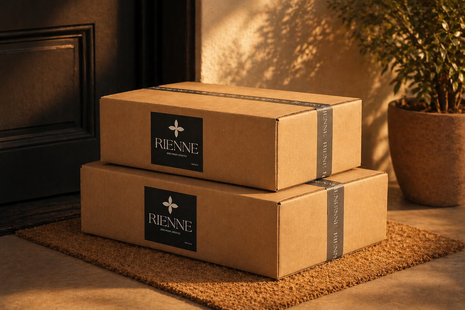 Two cardboard boxes with Rienne branding stacked on a doormat, with a warm light ambiance.