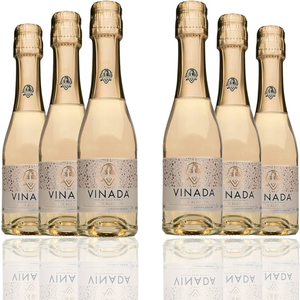 Rienne_Vinada_Six bottles of wine arranged in two rows on a reflective surface.