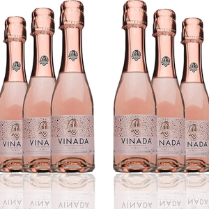 Set of six Vinada rose wine bottles on a white background
