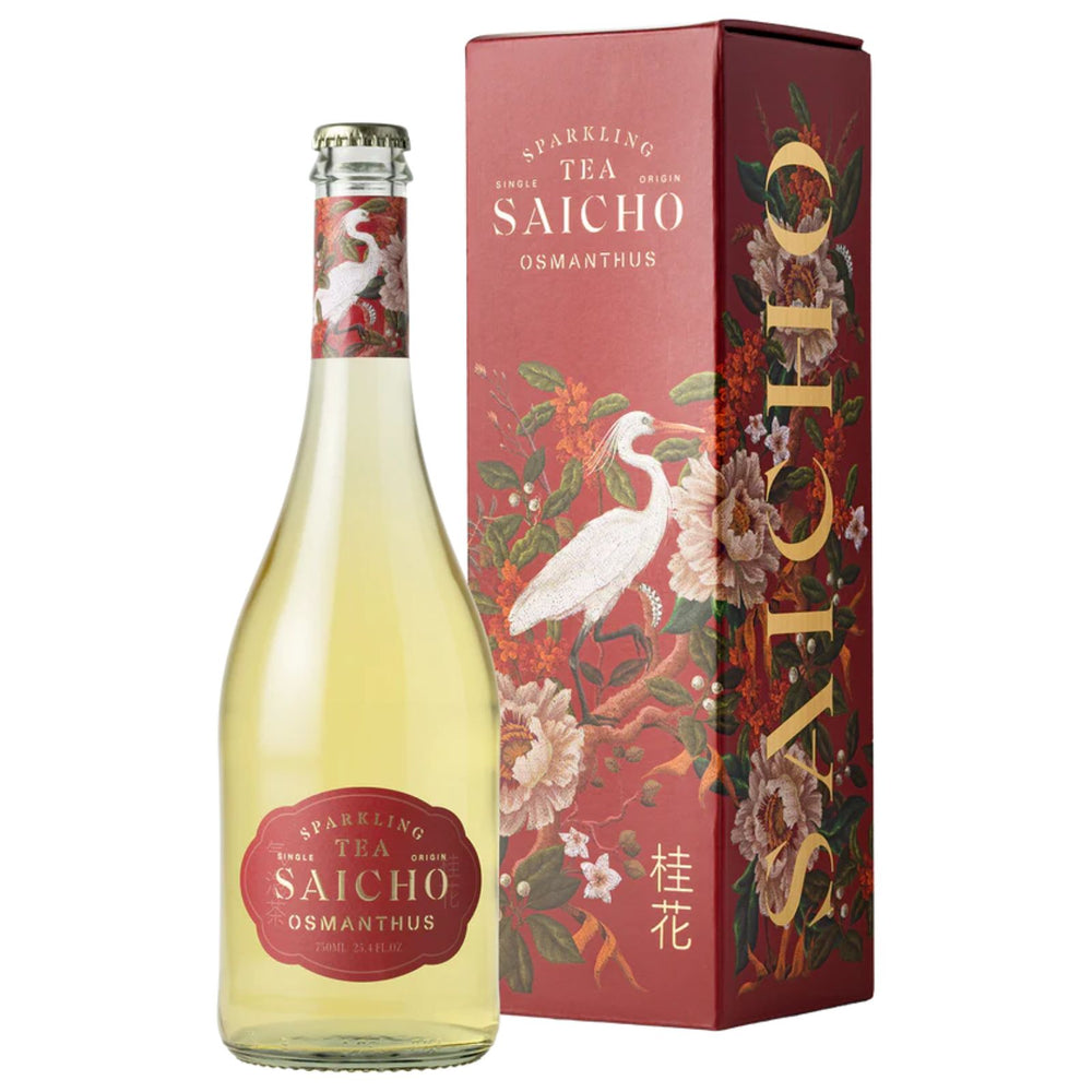 Bottle of Saicho sparkling tea with floral design and packaging
