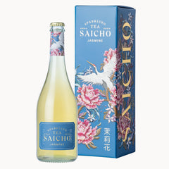 A bottle of Saicho Sparkling Tea Jasmine next to its blue illustrated packaging box, featuring white cranes and pink peonies on a clean white background.