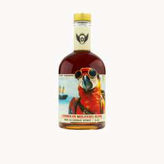 A bottle of Caribbean Molasses Blend non-alcoholic spirit by Volante Spirits, featuring a vibrant parrot wearing aviator goggles on the label, set against a plain white background.