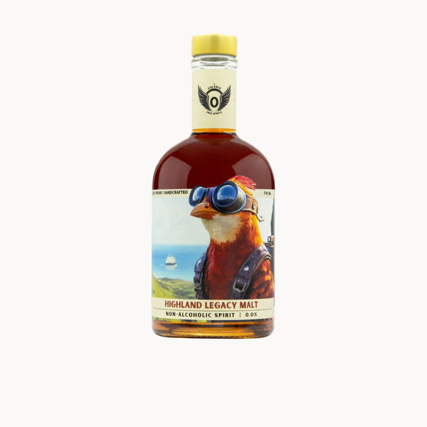 A bottle of Highland Legacy Malt non-alcoholic spirit, featuring a label with a detailed illustration of a bird wearing goggles, on a solid white background.