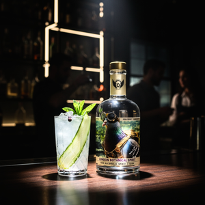 RIENNE Volante Gin bottle on a dim bar counter beside a zero-proof cucumber and mint highball