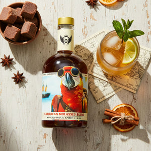 RIENNE Volante Rum bottle beside a zero-proof rum cocktail with mint, lime, cinnamon and star anise