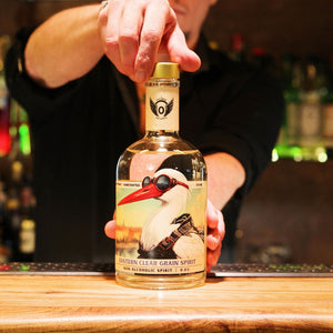 Bartender setting a RIENNE Volante Vodka bottle on a bar counter, Eastern Clear Grain Spirit non-alcoholic spirit