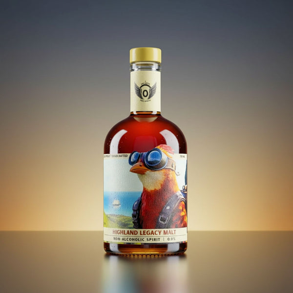 RIENNE Volante Whiskey bottle lit against a warm amber gradient, Highland Legacy Malt non-alcoholic spirit, 0.0%